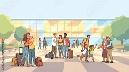 Diverse groups of people reuniting and greeting each other at an airport.