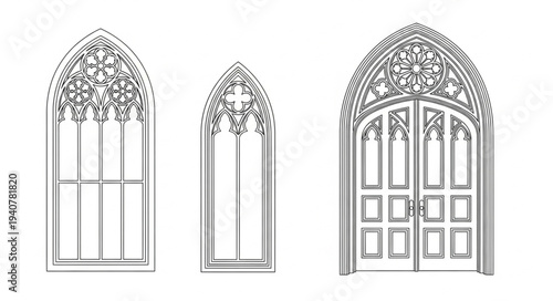 Gothic architectural elements drawing of windows and door.