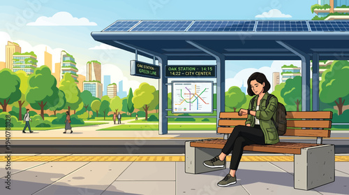 Young woman using smartphone at a modern solar-powered bus stop.