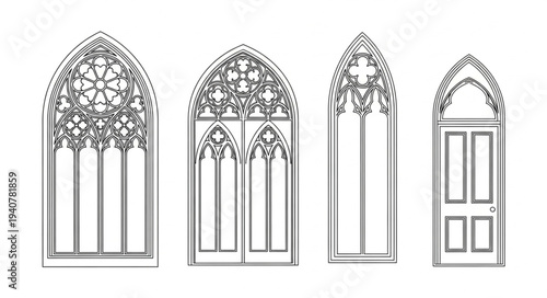 Gothic architectural elements ornate windows and door illustration.