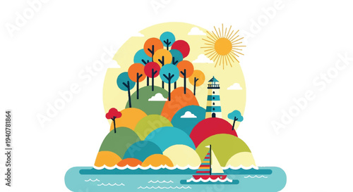 Colorful illustration of an island landscape with sailboat and lighthouse