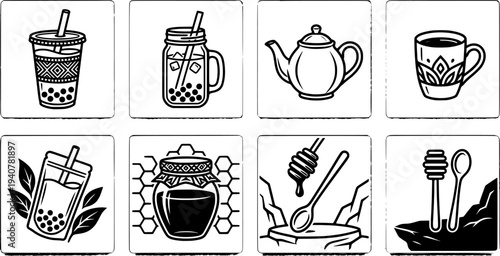 Line art icon set of bubble tea cups jars teapot spoon and honey jar arranged on white background, close up flat
