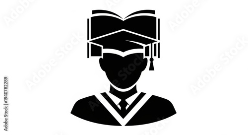 Graduation Cap and Open Book Silhouette Icon.