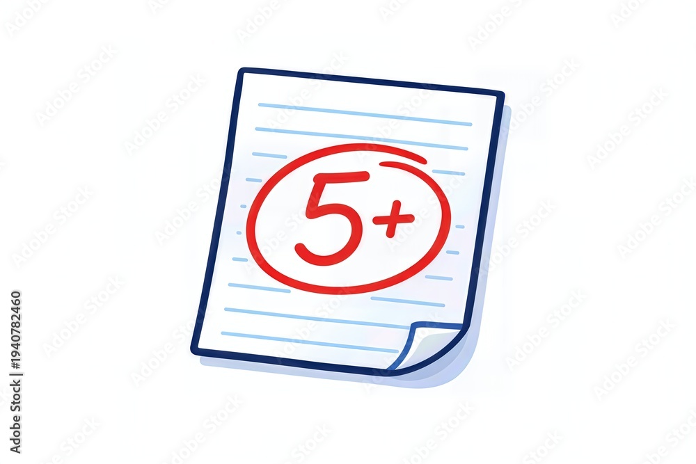 Fototapeta premium Score of five plus on a paper with a red circle