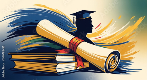 Graduation cap diploma and books symbolizing academic achievement and education.