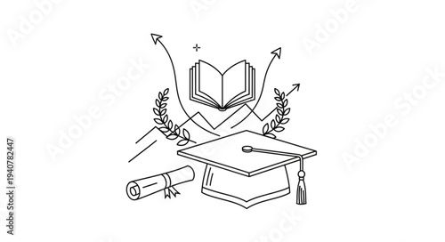 Graduation cap diploma and open book symbolizing education and success.