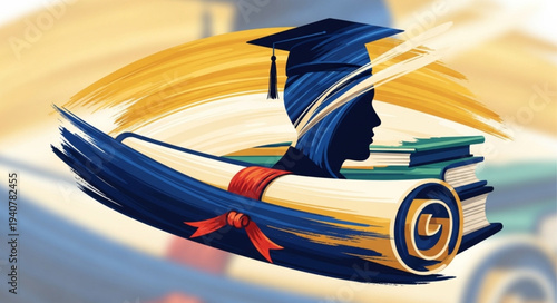 Graduation cap diploma and books symbolizing education achievement.