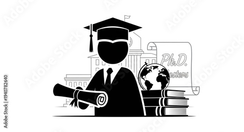 Graduation student holding diploma with books and globe.