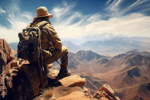 A man is seen sitting on top of a mountain, carrying a backpack. This image can be used to depict adventure, hiking, exploration, or enjoying nature