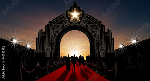 Grand Entrance Archway with Red Carpet and Silhouetted Figures.
