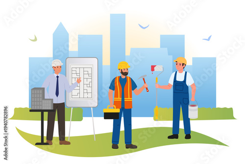 Construction crew at construction site. Architect, repairman, finisher. Different professions for building construction.