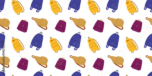 Hand drawn doodle style seamless repeating pattern featuring various backpack. Bright cheerful color, blue, purple, yellows.
