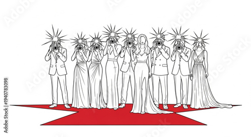 Group of figures with radiant heads standing on red carpet.