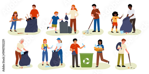 Character collection men, women, children collecting trash in bags and bins, concept of waste sorting and area cleaning.