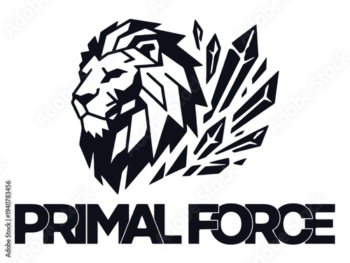 Geometric Lion Logo with Crystals and Bold Typography for Primal Force Brand Identity