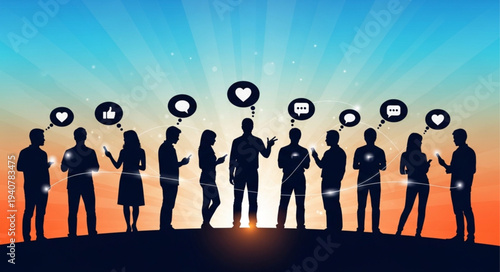 Group of people silhouettes communicating with social media icons above heads.