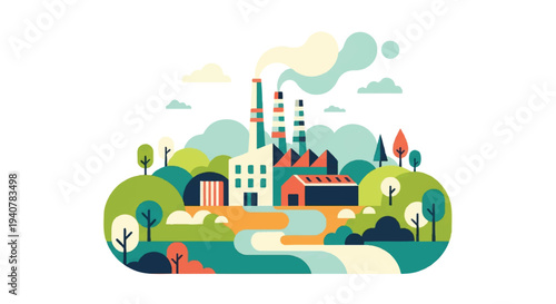 Industrial factory scene with green environment and vector illustration