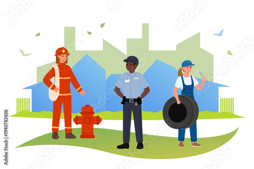 City employees. Different professions with their own equipment firefighters, police officers, mechanics. Flat vector illustration.