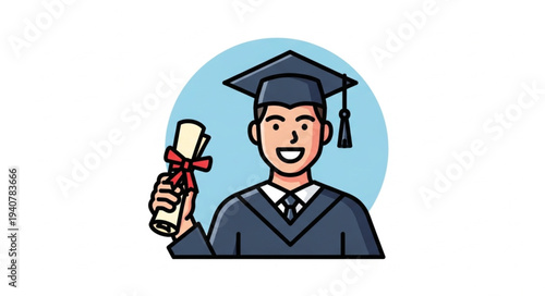 Happy Graduate Holding Diploma Wearing Cap and Gown.