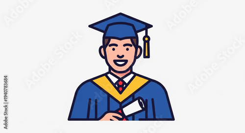 Happy Graduate Wearing Cap and Gown Holding Diploma.