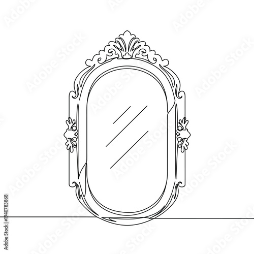 Elegant Oval Mirror with Ornate Frame in Continuous Line Art.
