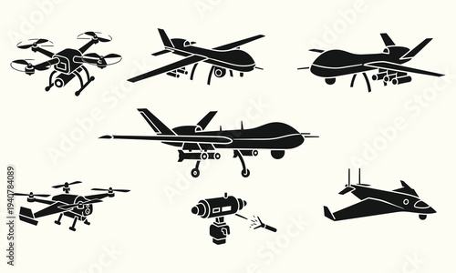 Military Drone UAV Aircraft Silhouette Icon Set Surveillance Drone Vector