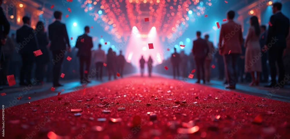 Obraz premium Red carpet event with falling maroon confetti. People attend glamorous indoor party. Celebrants experience excitement and luxury in festive atmosphere. Lights shine on happy crowd enjoying night.