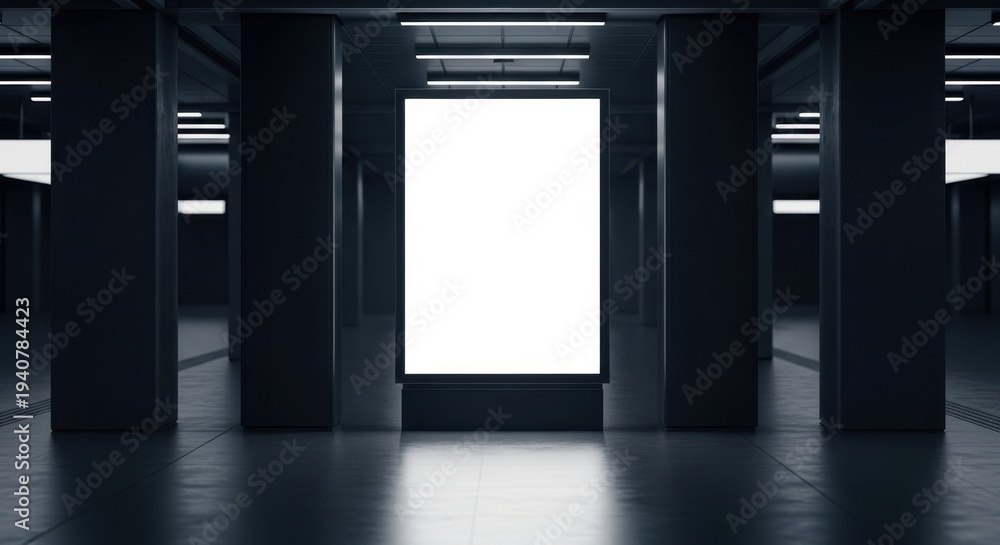Fototapeta premium Blank vertical glowing billboard mockup in dark empty underground subway station. Perfect template for OOH advertising, urban marketing, movie poster and commercial display presentation