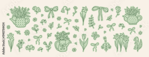 Spring hand drawn coquette floral stickers. Minimalist art sketch whimsical green lines. Vector blossom meadow and garden flowers, bows, floral decor, watering can, bird, leaves and herb, strawberry.