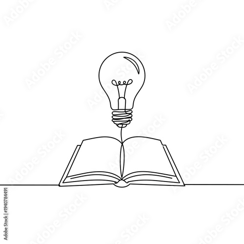 Open book with lightbulb above representing knowledge and ideas.