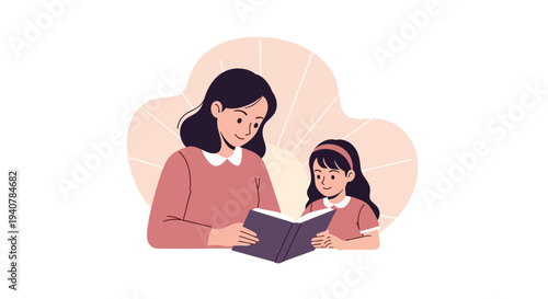 Illustration of a woman and a young girl reading a book together with a woman icon design on a pink background, celebrating Women's History Month.