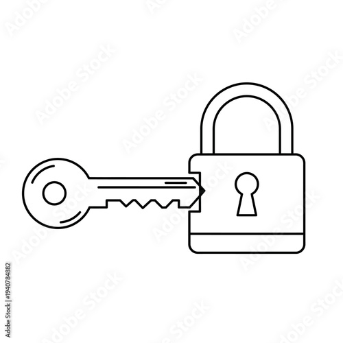 Simple Line Art Illustration of a Key Unlocking a Padlock Symbolizing Security and Access.