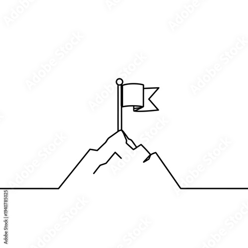 Single Line Drawing of Mountain Peak with Flag.