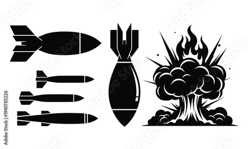 Missile Bomb Explosion Weapon Icon Set Military Ammunition Silhouette Vector