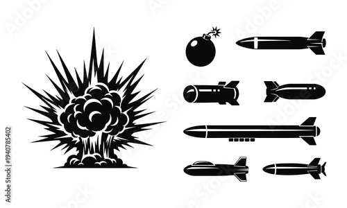 Explosion Nuclear Blast and Missile Weapon Silhouette Icon Set Military Warfare Vector