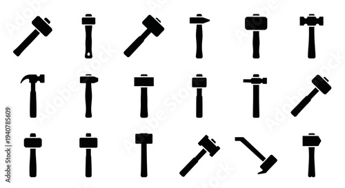 A collection of various hammer tools displayed in a grid pattern, showcasing different angles and orientations.