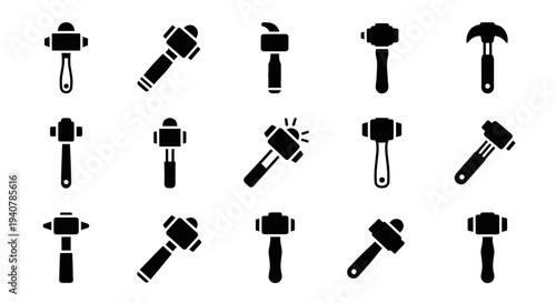 Collection of various hammer icons displayed in a grid pattern on a clean background from a straightforward viewpoint