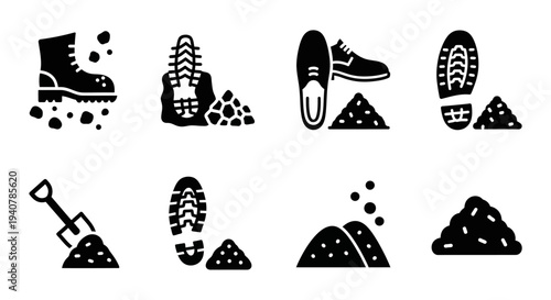 Collection of footwear and gardening tool icons surrounded by piles of soil from an overhead viewpoint