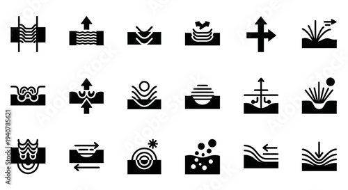 Collection of abstract black icons representing various concepts and symbols on a plain white background, viewed from a straightforward perspective.