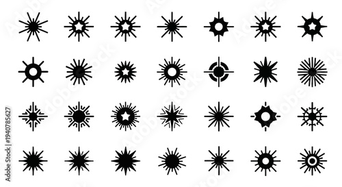 Collection of diverse starburst icons displayed on a grid layout from a direct viewpoint