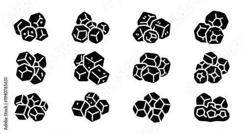 A collection of twelve black and white abstract molecular structure illustrations arranged in a grid pattern on a plain background from a direct viewpoint