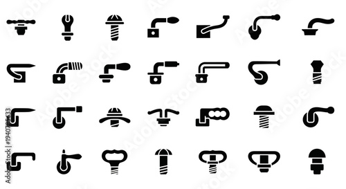 Collection of various black faucet icons on a white background, showcasing different designs and styles from various manufacturers