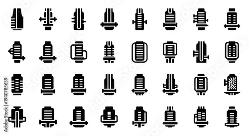 Collection of industrial icons representing various machinery and equipment in a grid layout