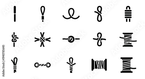 Collection of various abstract black line icons depicting different knots and rope designs on a plain white background viewed from a straightforward perspective