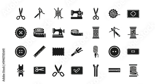 Collection of black sewing icons on white background, showcasing various tools and materials used in tailoring and textile work