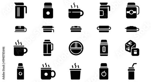 Collection of various coffee and tea icons displayed on a clean white background from a straightforward viewpoint