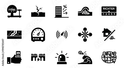 Collection of simple black icons representing various technology and infrastructure elements on a clean white background viewed directly from the front