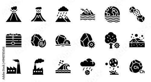 Collection of environmental icons representing nature and industrial impact from a top-view perspective in a simple graphic style