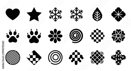Collection of various black graphic icons on a white background displayed in a grid layout