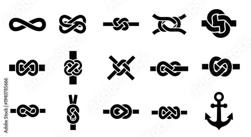 Collection of various nautical knots and symbols displayed in a grid pattern on a clean background
